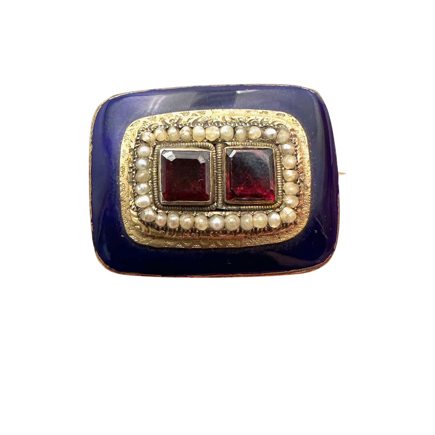 Antique Georgian 14K Gold Cobalt Blue Enamel Garnet Brooch Pin Circa 1830