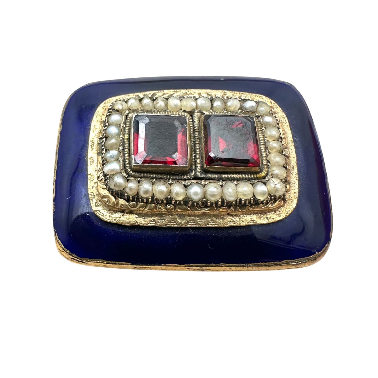 Antique Georgian 14K Gold Cobalt Blue Enamel Garnet Brooch Pin Circa 1830