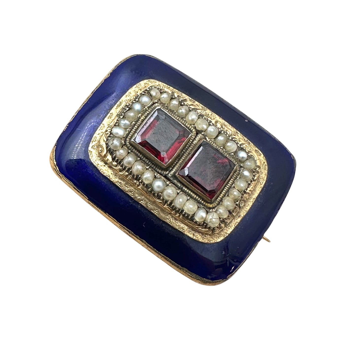 Antique Georgian 14K Gold Cobalt Blue Enamel Garnet Brooch Pin Circa 1830