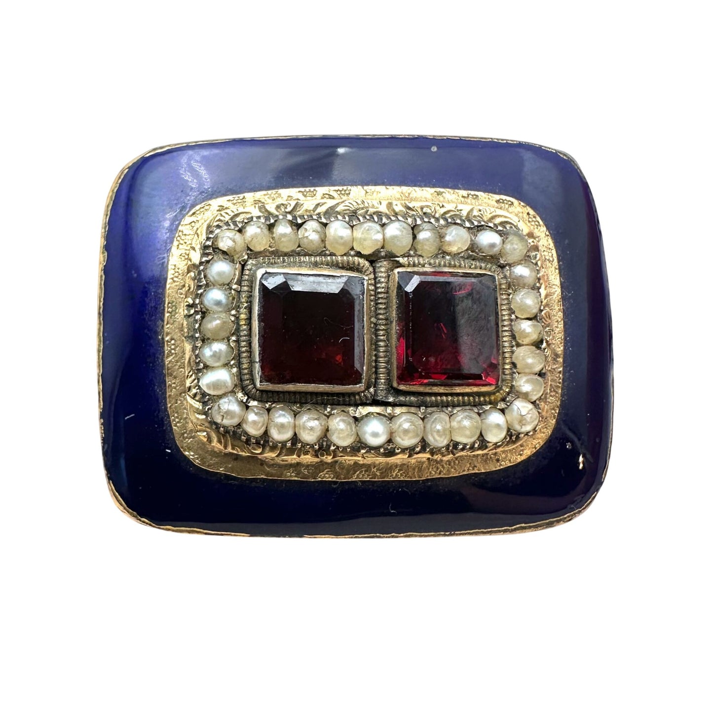 Antique Georgian 14K Gold Cobalt Blue Enamel Garnet Brooch Pin Circa 1830
