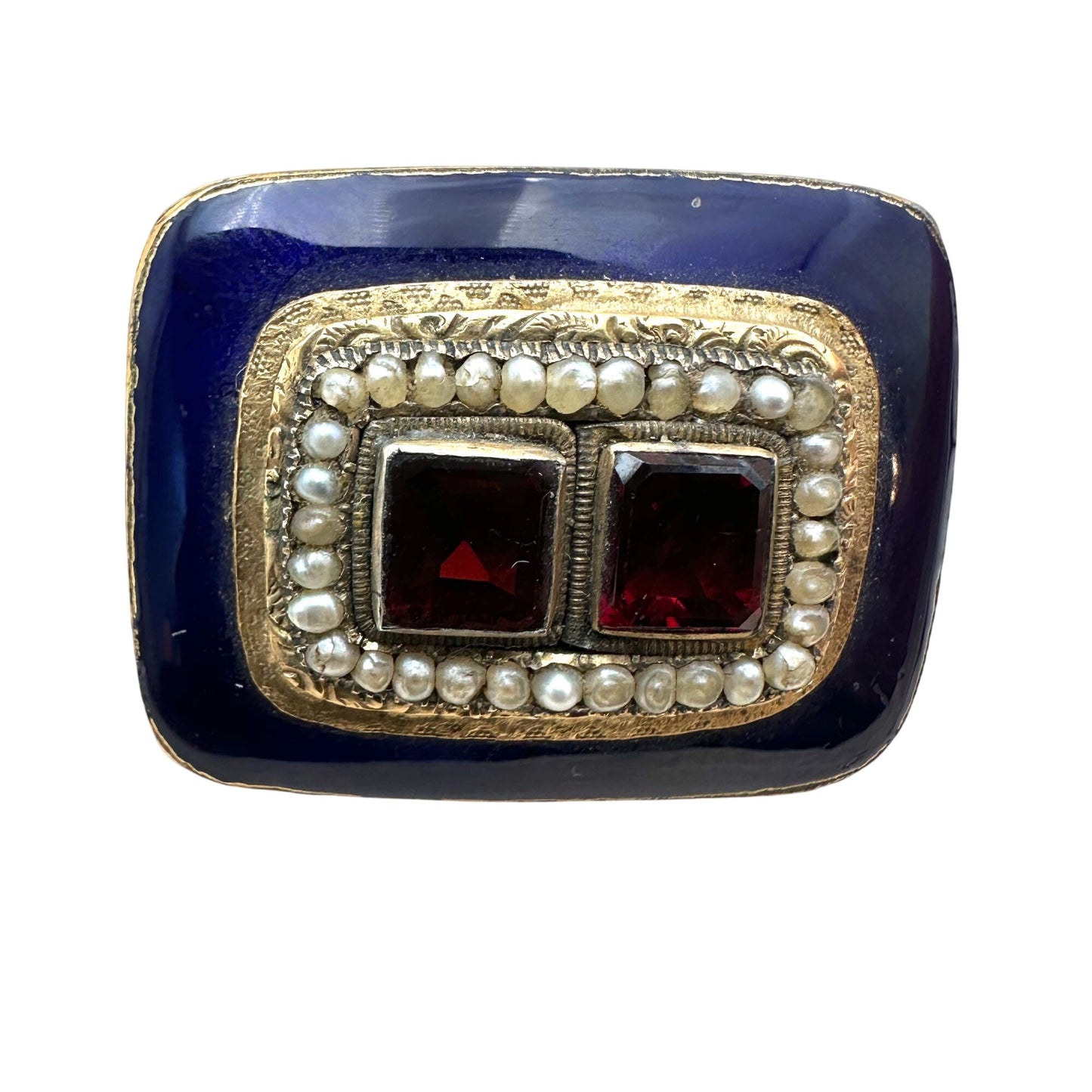 Antique Georgian 14K Gold Cobalt Blue Enamel Garnet Brooch Pin Circa 1830