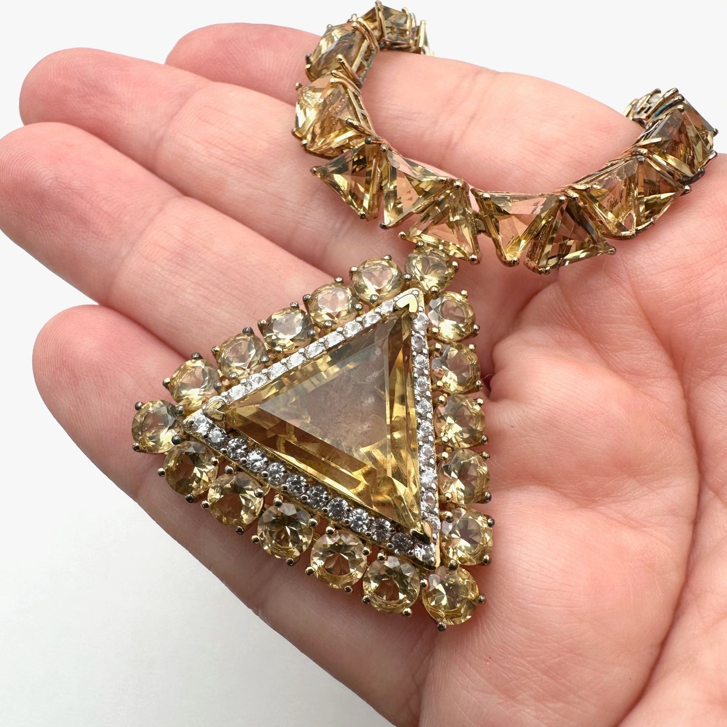D Joy Citrine Necklace 18K Gold Plated Sterling Silver Trillion Stones 45 Grams
